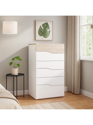 Vista ambientata Cassettiera camera da letto in legno colore "Bianco/Rovere" con 6 cassetti modello Ardesia Totò Piccinni