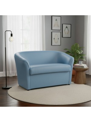 vista ambientata  divano a pozzetto 2 posti imbottito in ecopelle celeste Totò Piccinni