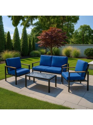 Vista ambientata Set da giardino in alluminio con divano 2 posti, 2 poltrone e tavolino con cuscini blu modello Riviera Totò Piccinni