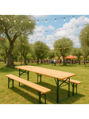 Set Birreria 2 Panche e Tavolo in Legno Naturale, Richiudibile, Salvaspazio Varie Misure (200x80)