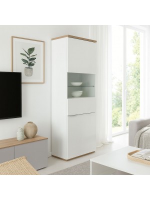 Vista ambientata Mobile contenitore in legno colore "Bianco Laccato/Rovere Riviera" con 2 ante con vano e ripiano in vetro modello Orbis Totò Piccinni