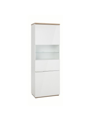 Vista diagonale Mobile contenitore in legno colore "Bianco Laccato/Rovere Riviera" con 2 ante con vano e ripiano in vetro modello Orbis Totò Piccinni