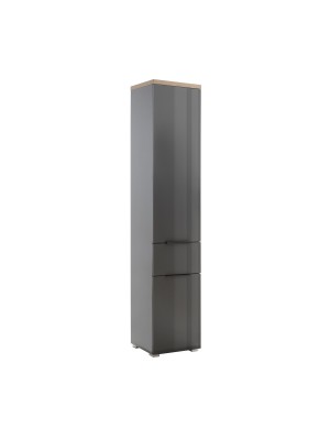 vista diagonale mobile colonna bagno in legno con 2 anta e 1 cassetto grigio laccato/rovere miele