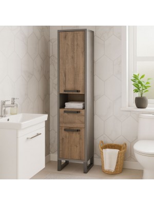 Vista ambientata Colonna Bagno Alta 2 Ante, 1 cassetto e 1 vano "Rovere invecchiato/Grigio" modello Sylva Totò Piccinni