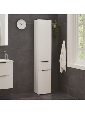 Vista ambientata Colonna Bagno in Legno colore Cashmere/effetto Marmo Nero con 2 ante e 1 cassetto modello Armonia Totò Piccinni