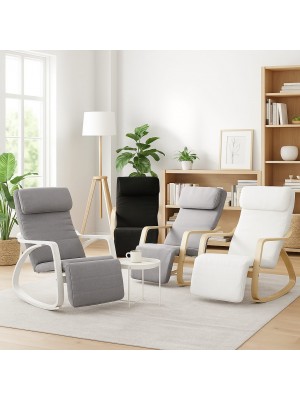 Poltrone a Dondolo LIBERTY con Braccioli e Poggiapiedi Regolabile, in Tessuto imbottita e con Struttura in Legno di betulla