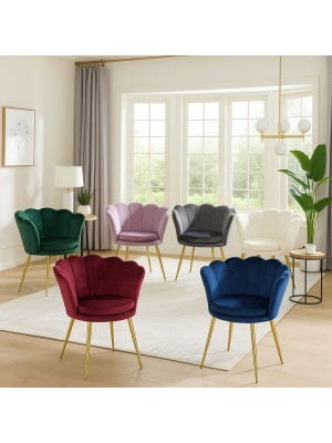 Poltroncine VELVET imbottite con schienale a conchiglia in velluto con gambe in oro