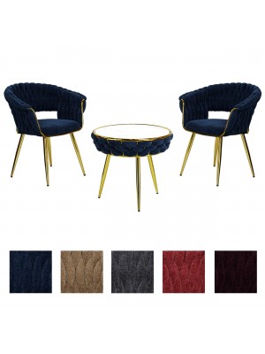 set tavolino 2 poltroncine vellutato imbottito con finitura in oro