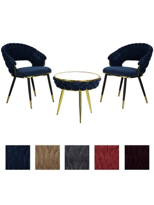 set tavolino 2 poltroncine vellutato imbottito con finitura in oro