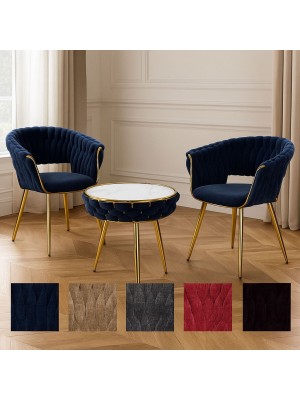 Set Tavolino e 2 Poltroncine ROYAL A intrecciati in morbida ciniglia vellutata imbottita con finitura oro
