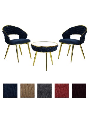 set tavolino 2 poltroncine vellutato imbottito con finitura in oro