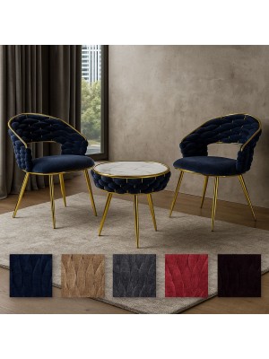 Set Tavolino e 2 Poltroncine ROYAL C intrecciati in morbida ciniglia vellutata imbottita con finitura oro