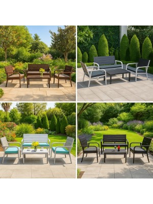 Set CUBA Salottino Completo di Divano 2 Poltrone e Tavolino Struttura in Metallo e piano in Polietilene con Cuscini