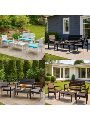 Set HAITI Salottino Completo di Divano 2 Poltrone e Tavolino Struttura in Metallo e piano in Polietilene con Cuscini