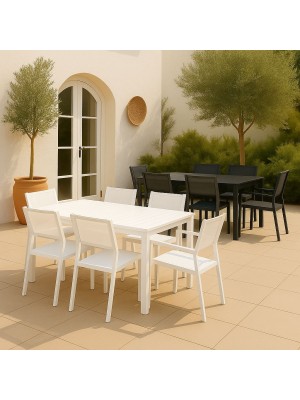set pranzo con tavolo allungabile 160/240 in alluminio con 4 sedie senza braccioli e 2 con braccioli modello Linosa Totò Piccinni
