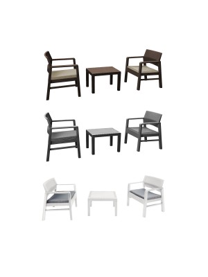 set in polipropilene simil rattan 2 poltrone e tavolino con cuscini