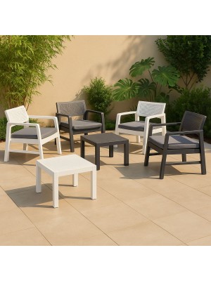 set in polipropilene simil rattan 2 poltrone e tavolino con cuscini