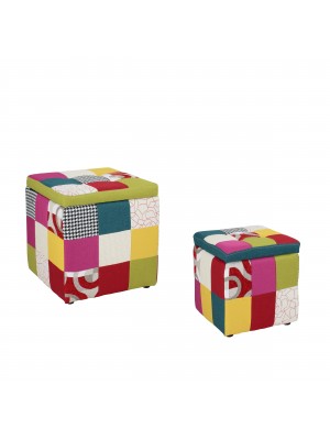Set 2 Pezzi di Pouf contenitore in Tessuto Patchwork 