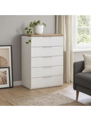 Vista ambientata Cassettone in legno colore "Bianco Laccato/Rovere Riviera" con 5 cassetti modello Orbis Totò Piccinni