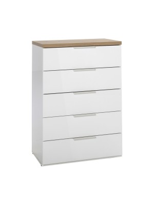 Vista diagonale Cassettone in legno colore "Bianco Laccato/Rovere Riviera" con 5 cassetti modello Orbis Totò Piccinni