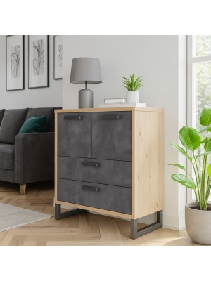 Vista ambientata Mobile contenitore in legno colore "Rovere/Grigio Cemento" con 2 cassetti e 2 ante modello Sylva Totò Piccinni