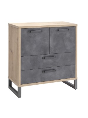 Vista diagonale Mobile contenitore in legno colore "Rovere/Grigio Cemento" con 2 cassetti e 2 ante modello Sylva Totò Piccinni