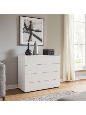 Vista ambientata Cassettiera in legno colore Bianco Laccato con 4 cassetti modello Brezza Totò Piccinni