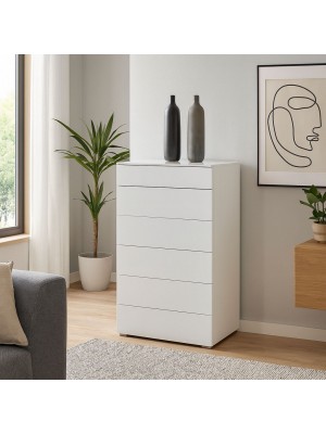 Vista ambientata Cassettiera moderna in legno colore Bianco Laccato con 6 cassetti modello Brezza Totò Piccinni