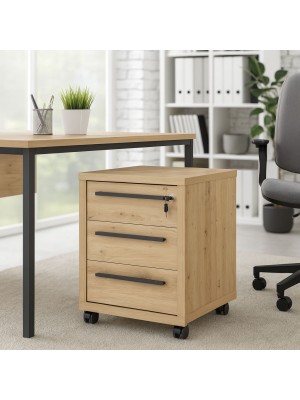 Vista ambientata Mobile cassettiera in legno colore Rovere Miele con 3 cassetti e serratura modello Alba Totò Piccinni