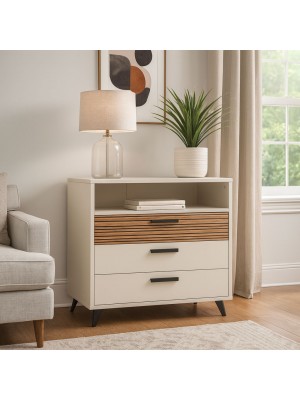 Vista ambientata Cassettiera camera da letto in legno colore "Cannettato/Cashmere" con 3 cassetti 