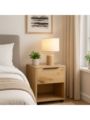 Vista ambientata Comodino per camera da letto in legno colore Rovere Artisan 1 cassetto Totò Piccinni