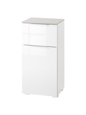 vista diagonale mobile colonna bagno 1 anta e 1 cassetto cemento/bianco laccato