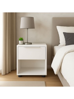 Vista ambientata Comodino per camera da letto in legno colore Bianco Lucido 1 cassetto Totò Piccinni