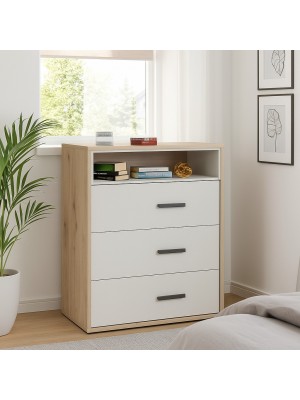 Vista ambientata Cassettiera in legno colore Rovere artisan/Cashmere lucido 3 cassetti e 1 vano modello Nadir Totò Piccinni