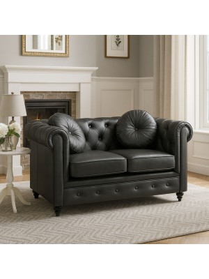 Vista ambientata Divano 2 Posti vintage colore "Ecopelle Nero" modello Chester Totò Piccinni