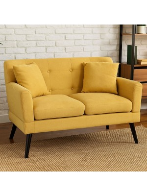 Vista ambientata Divano 2 Posti in tessuto colore Patchwork Giallo con braccioli e piedi in legno modello Ketty Totò Piccinni