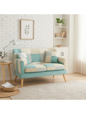 Vista ambientata Divano 2 Posti in tessuto colore Patchwork Sky con braccioli e piedi in legno modello Ketty Totò Piccinni