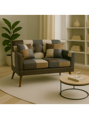 Vista ambientata Divano 2 Posti in tessuto colore Patchwork Touch con braccioli e piedi in legno modello Ketty Totò Piccinni