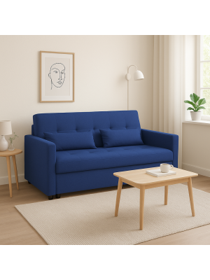 Divano Letto PRESTODORMO 2 Posti Pronto Letto con Cuscini in tessuto (Blu, con Braccioli)