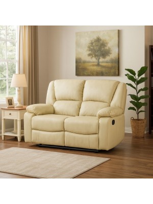 Vista ambientata Divano 2 posti relax reclinabile colore "Nabuk Beige" con poggiapiedi modello Calipso Totò Piccinni