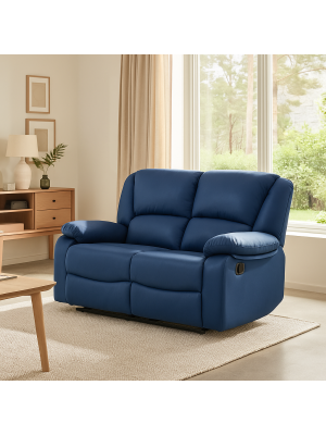 Vista ambientata di un divano 2 posti imbottito con funzione relax reclinabile e poggiapiedi in Similpelle Scamosciata Blu Calipso Totò Piccinni