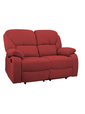 Vista diagonale di un divano 2 posti imbottito con funzione relax reclinabile e poggiapiedi in tessuto rosso bordeaux Calipso Totò Piccinni