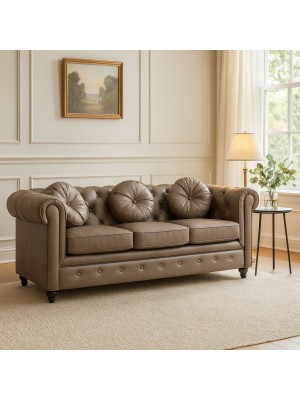 Vista ambientata Divano 3 Posti vintage colore "Ecopelle Marrone" modello Chester Totò Piccinni