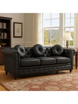 Vista ambientata Divano 3 Posti vintage colore "Ecopelle Nero" modello Chester Totò Piccinni