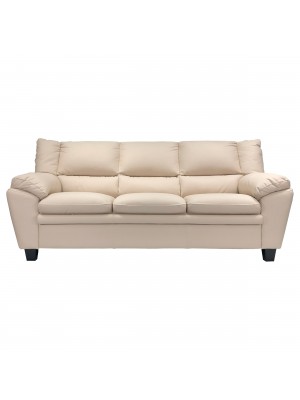 Vista frontale di un divano 3 posti imbottito e rivestito in ecopelle effetto nabuk beige Totò Piccinni