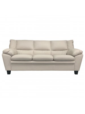 Vista frontale di un divano 3 posti imbottito e rivestito in ecopelle effetto nabuk light grey Totò Piccinni