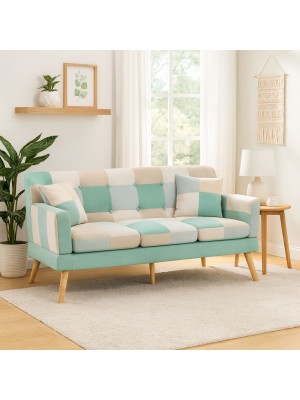 Vista ambientata Divano 3 Posti in tessuto colore Patchwork Sky con braccioli e piedi in legno modello Ketty Totò Piccinni