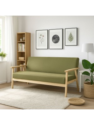 Vista ambientata Divano 3 posti in legno in tessuto colore Tortora con struttura in legno modello Wood Totò Piccinni