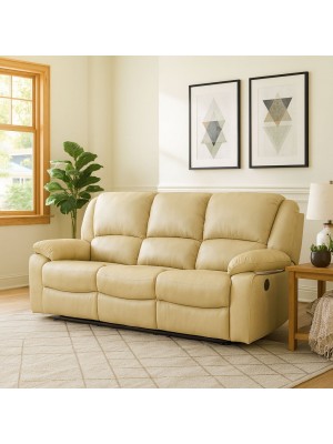 Vista ambientata Divano 3 posti relax reclinabile colore "Nabuk Beige" con poggiapiedi modello Calipso Totò Piccinni
