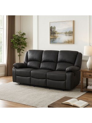 Vista ambientata Divano 3 posti relax reclinabile colore "Nabuk Nero" con poggiapiedi modello Calipso Totò Piccinni